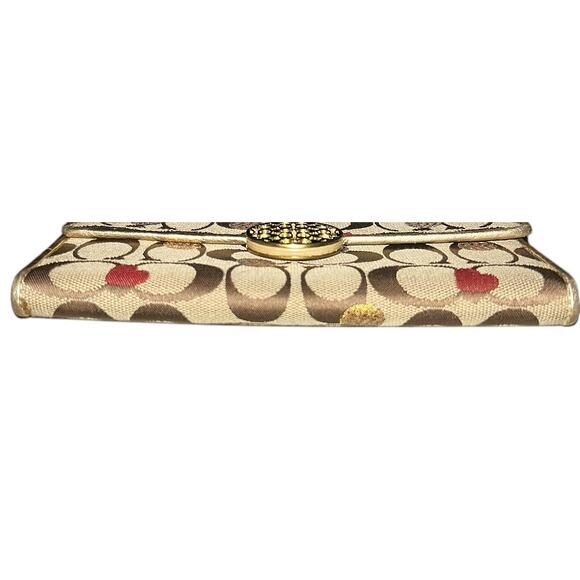 Coach Vintage Logo Long Tri-Fold Khaki Gold w/ red Hearts Canvas Wallet129 - Picture 6 of 9
